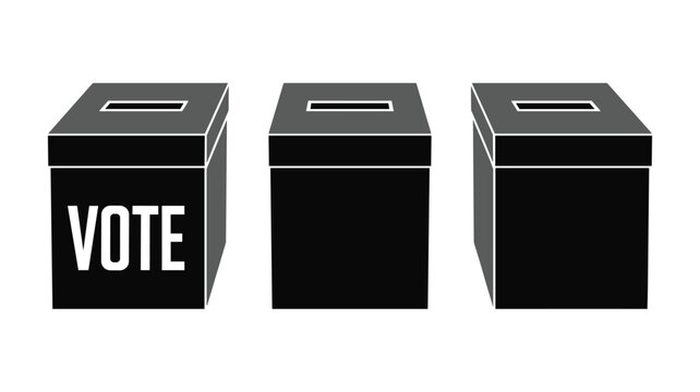 Black and white of three ballot boxes with v o t e text vote election democracy