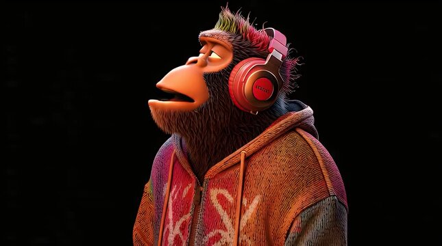 Animated chimpanzee with headphones and hoodie, looking surprised