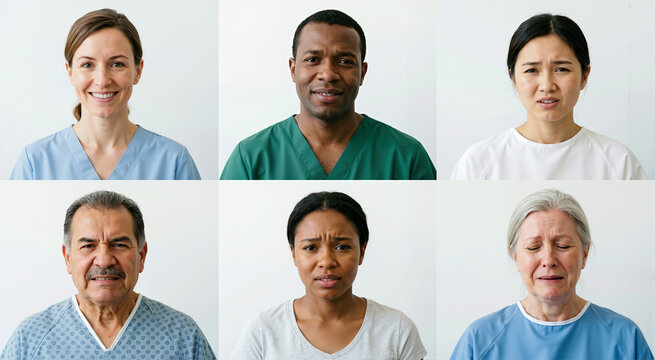 Diverse group of people expressing different emotions. Medical pain assessment scale concept