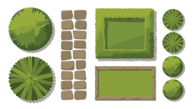 A top-down view of garden landscape elements including circular trees, a stone path, and rectangular hedge arrangements for park designs.