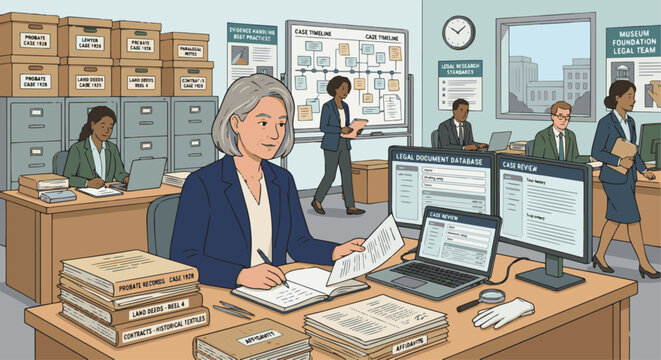 A flat vector illustration of a female paralegal sitting at a modern desk in a bustling law office, reviewing stacks of legal documents, 