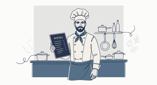 Monoline flat vector illustration, a single continuous line style forming the shape of an executive chef with a menu board,