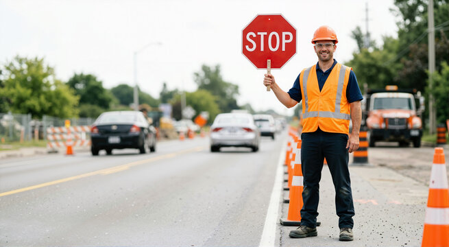 Smiling male traffic controller holding a stop sign on a road. Construction worker in hard hat and safety vest directing vehicles