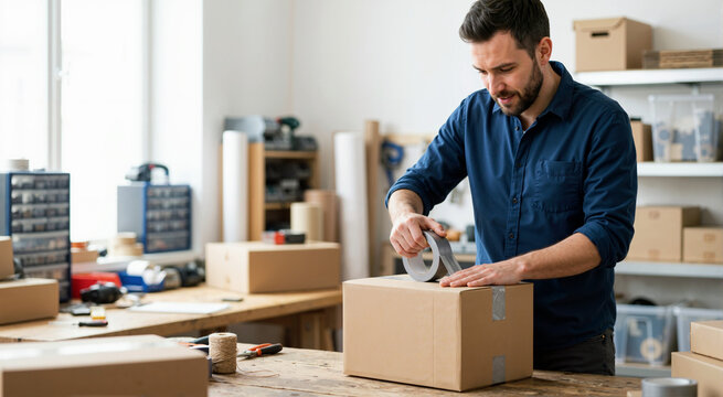 Man sealing a brown cardboard box with grey tape on a wooden workbench. Male small business owner packing an order for shipping. Ecommerce and logistics concept