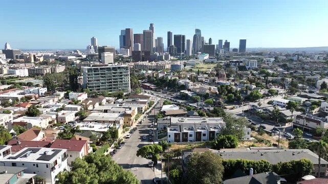 Los Angeles, California, USA - Aerial Drone View of DTLA Skyline, High-Rise Commercial Buildings, Residential Neighborhoods, and Everett Park near Echo Park, California