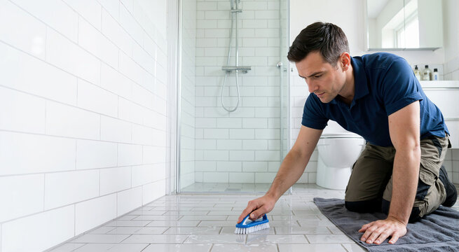 Man kneeling on a towel scrubbing floor tile grout with a brush. Male adult cleaning white bathroom floor with soapy water. Home maintenance and housework concept