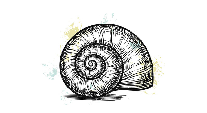 Detailed hand-drawn black and white sketch of a spiral snail shell with textured shading on a background with subtle color splashes.