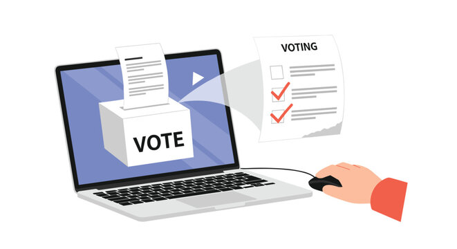 Digital voting concept illustration showing a laptop screen with an ballot box and a hand using a mouse to cast a vote online.