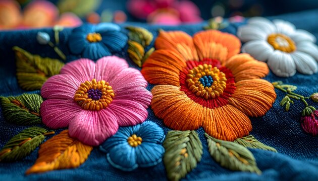A close-up of vibrant floral embroidery on fabric