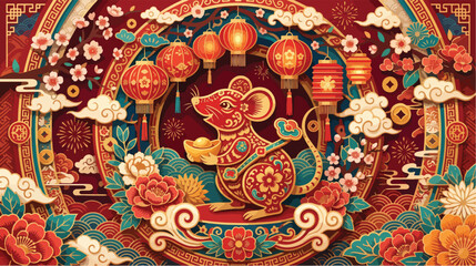 Fototapeta premium Ornate paper cut style rat holding gold ingot for a vibrant lunar new year celebration design