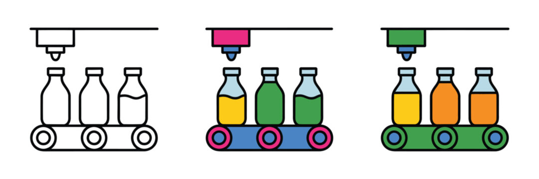 Liquid filling machine icon, an industrial conveyor system icon showing the automatic filling of liquids into bottles, perfect for visuals in the food, beverage, and chemical manufacturing industry, 
