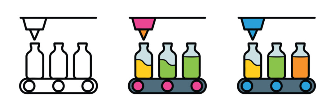 Liquid filling machine icon, an industrial conveyor system icon showing the automatic filling of liquids into bottles, suitable for beverage production lines, pharmaceutical filling systems, chemical 