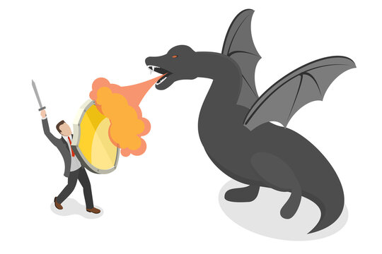 3D Isometric Flat  Illustration of Courage, A Businessman Battling A Dragon