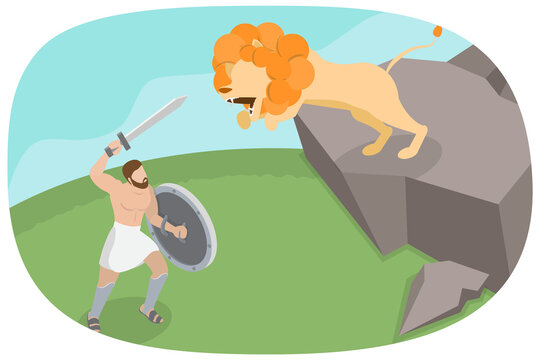 3D Isometric Flat  Illustration of Nemean Lion, Heracles Battles, First Of Twelve Labours
