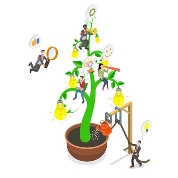 3D Isometric Flat  Illustration of Employee Engagement, Developing A Growth Mindset Culture With Employees Growing A Lightbulb Plant In Workplace