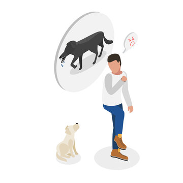 3D Isometric Flat  Illustration of Cynophobia, Fear Of Dogs, Mans Bad Experience Typifies Common Human Fear Concept