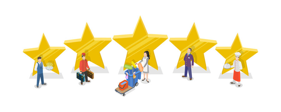 3D Isometric Flat  Illustration of Hotel Banner, Hotel Staff Team With Five Stars