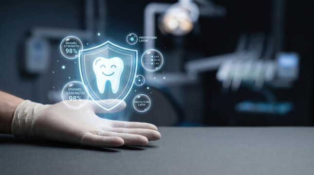 Advanced Dental Care Concept: Holographic Tooth Shield and Enamel Protection Metrics Over Dentist Hand