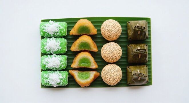 Indonesian jajanan pasar flat lay, traditional klepon dadar gulung onde-onde snacks overhead