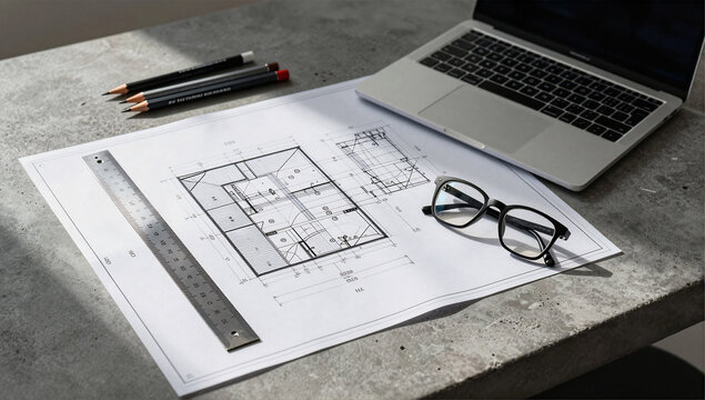 Architectural Design Drafting Table with Blueprints