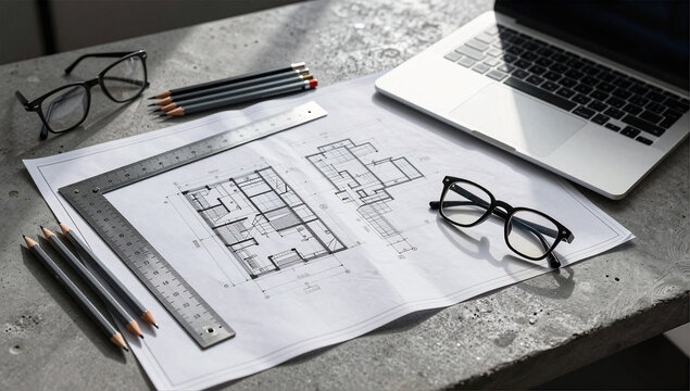 Architectural Design Drafting Table with Blueprints