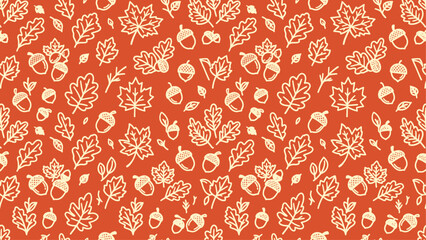 Autumn seamless pattern with hand-drawn leaves and acorns on orange background © Dijee Art