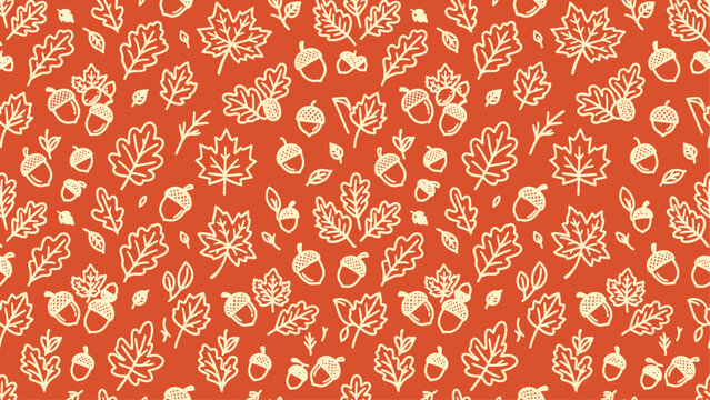 Autumn seamless pattern with hand-drawn leaves and acorns on orange background