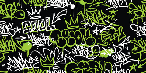 Vibrant green and white graffiti street art pattern with urban tags and crowns on a dark black background © GraphixEra