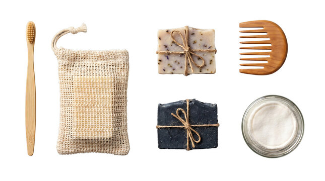 Eco friendly bathroom products on a transparent background including toothbrush and soap