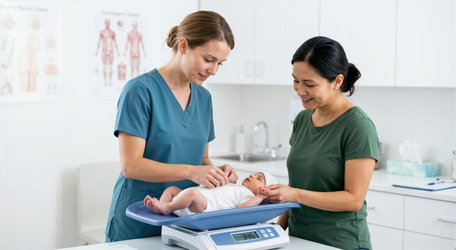 Nurse measuring baby weight on digital scale. Mother watching infant checkup in clinic. Pediatric healthcare and wellness