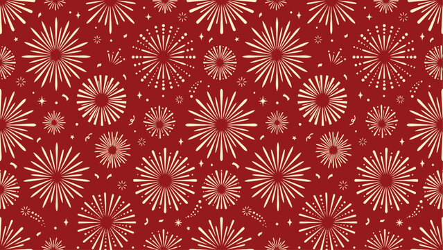 Seamless fireworks pattern on red background vector illustration. Festive firework burst background for holiday celebration.