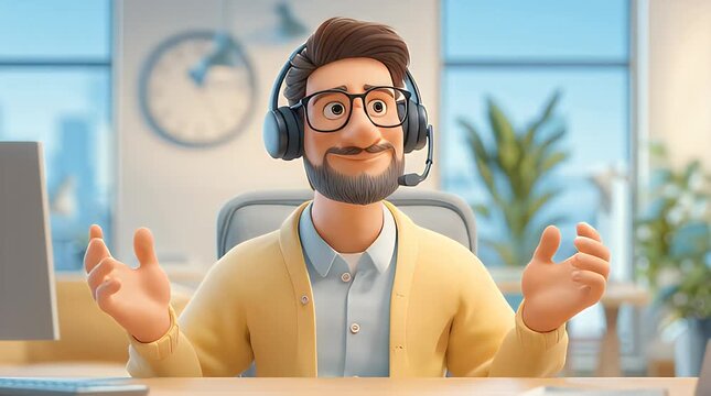 Animated man with headset and glasses, arms outstretched in office