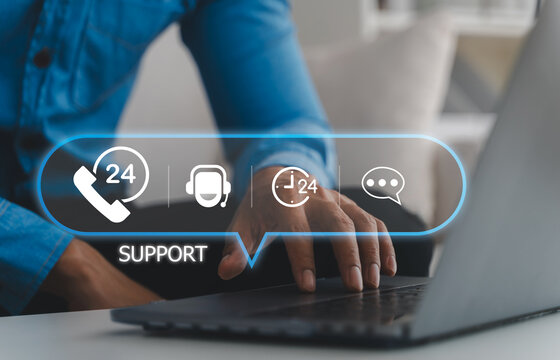 Call center 24 support services, People hands with 24 hours customer support, Concept of live hotline service, global call center, online contact care, helpdesk operator and omnichannel system network
