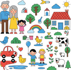 Obraz premium Cute Family and Nature Icons in Colorful Flat Illustration with House, Trees, Rainbow and Children
