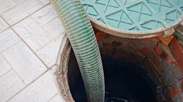 Septic tank. Pipe in a drainage pit. Pumping wastewater from a septic tank.