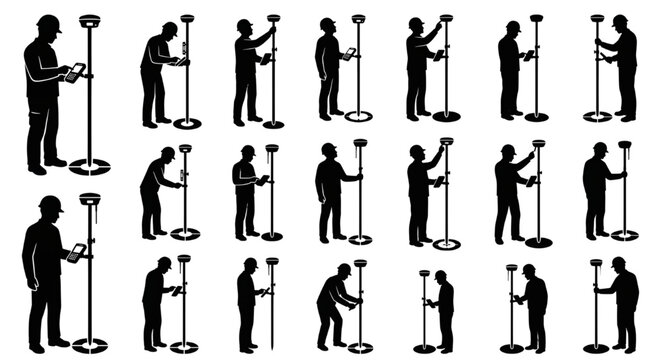 Land surveyor with prism pole silhouettes collection,  measuring, and leveling vertical geodetic prism poles and GNSS rover rods equipped with data collector cradles 
