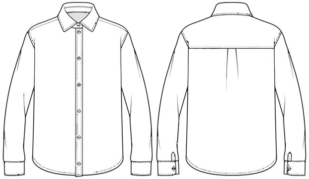 Button-down shirt technical drawing, front and back view fashion sketch
