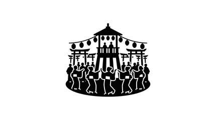Fototapeta premium A black and white silhouette illustration of a traditional Japanese Bon Odori summer festival dance.
