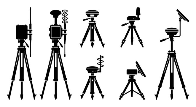 Geodetic GNSS receivers on tripods silhouettes set, Black vector silhouette icons showing various professional geodetic land surveying base stations, antennas, controllers, and GNSS RTK receivers