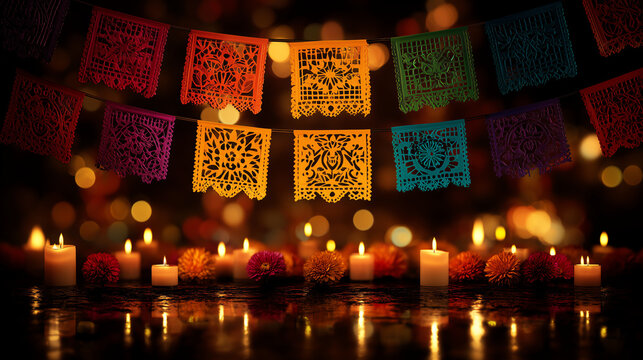 Colorful cut papel picado paper banners strung above an altar of glowing candles and marigolds celebrating Day of the Dead in warm festive bokeh light