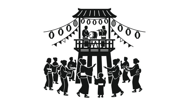 Silhouetted people dancing around a traditional Japanese festival tower with musicians.