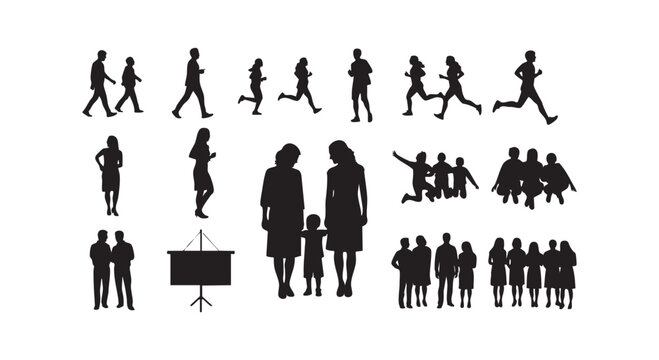 Collection of diverse people silhouettes in various poses showing walking running and family groups on white background.