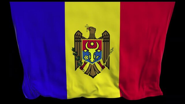 Realistic animation of the Moldova flag waving in the wind, ideal for news, travel, diplomacy, political content, patriotic visuals, national holidays, educational projects, presentations, and web ban