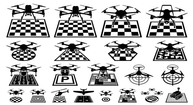 Drone photogrammetry mapping silhouettes over calibration targets, Various multirotor and agricultural drones hovering precisely over checkerboard ground control points, QR codes, and concentric targe