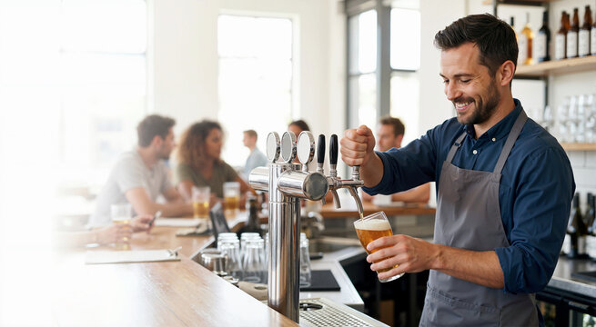 Smiling male bartender pouring draft beer from a tap into a glass. Happy professional worker serving drinks at a modern pub counter. Hospitality industry concept