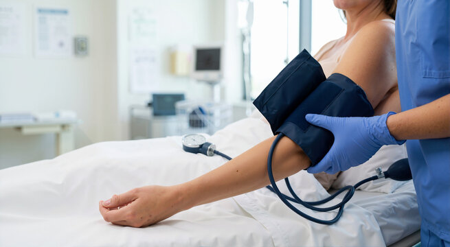 Nurse applying a blood pressure cuff to a female patient's arm. Healthcare professional measuring vital signs in a hospital bed. Medical examination concept
