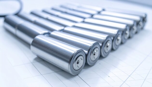 Multiple Sleek Metallic Lithium Battery Cells Lined Up in Precise Rows, Ready for Power Storage
