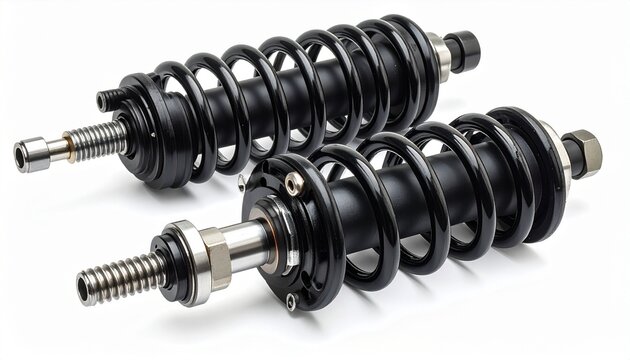 Coil‑over shock absorber with spring and cylinder, symbolizing mechanical engineering, vibration damping, and automotive suspension design.
