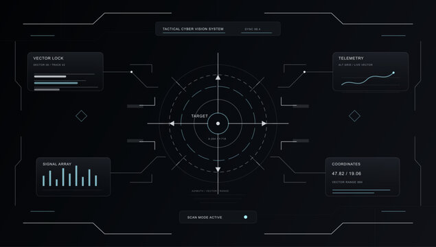 Tactical Cyber Vision HUD UI Vector. Dark tactical cyber HUD interface with central targeting reticle, vector lock panel, telemetry chart, signal array, coordinates, futuristic frams. Vector Cyberpun