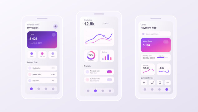 Mobile Finance Wallet App UI Vector. Soft mobile finance app UI with wallet cards, payment hub, analytics charts, savings, transfer list, expense limits and quick actions. Vector mobile app